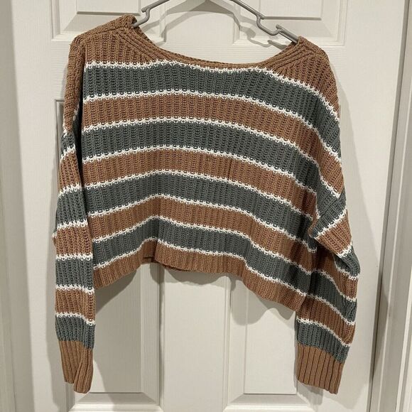 American Eagle Sweater Womens Medium Cropped Oversized Green/Tan/White Knit - Picture 3 of 11
